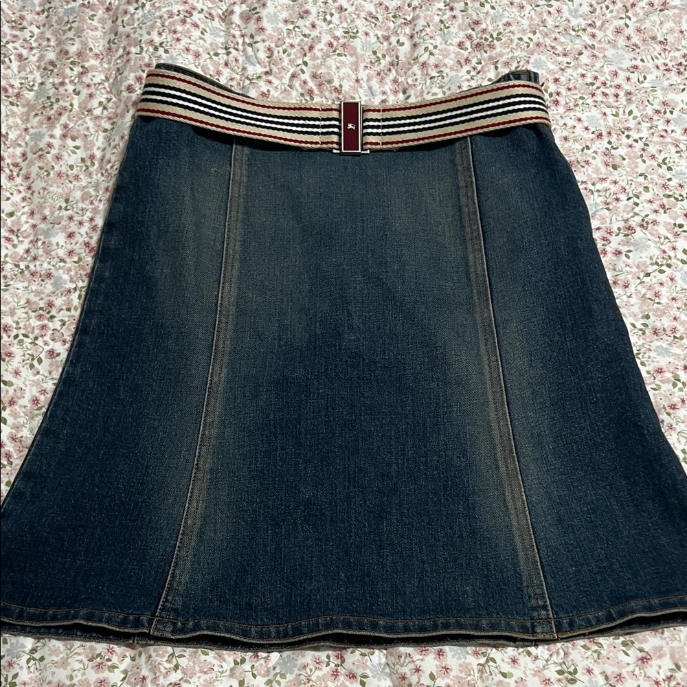 Burberry Denim A-Line Skirt with Striped Waistband